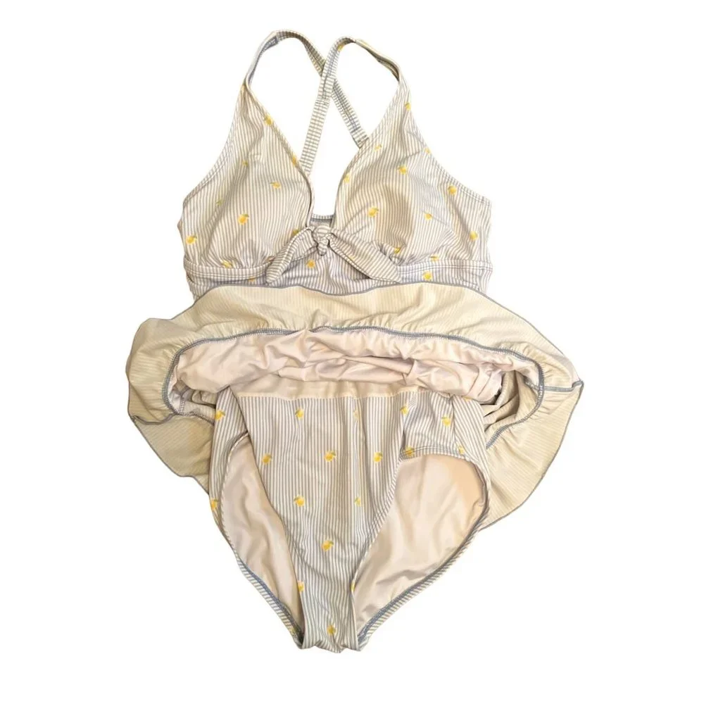 Crown & Ivy Womens 1 Piece Bathing Suit L White Blue Striped Yellow Floral Ruffl - Picture 3 of 5